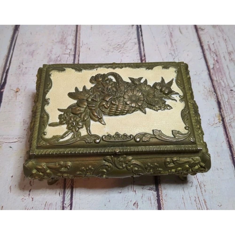 Vtg. Ornate Metal Footed Jewelry Casket Box Made In Japan